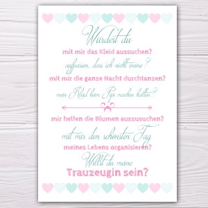 A6 Postkarte für Trauzeugin oder Brautjungfer in rosa/mintblau Glanzoptik Papierstärke 235 g / m2 Geschenk für Brautjungfer oder Trauzeugin Bild 1