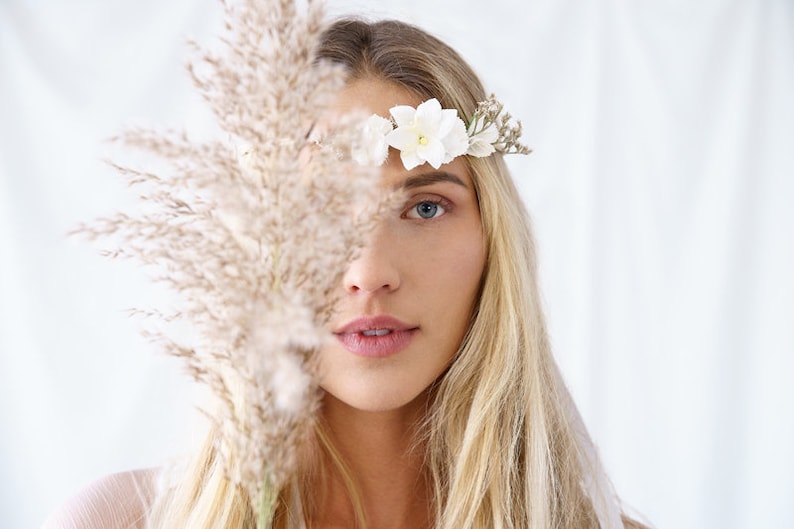 Bloemen haarband wit voor vrijgezellenfeest JGA Polterabend Bruids accessoires Sluier, krans, hoofdband, haaraccessoires afbeelding 3