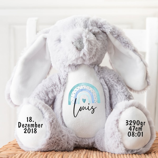 Kuscheltier personalisiert mit Name, Baby-Geschenk, Tauf-Geschenk, Plüschtier, Stofftier, Hase,  zur Geburt, Erinnerung, Kinder, Taufe