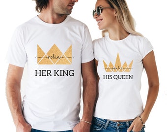 Paar T-Shirts King & Queen personalisiert mit Nachnamen für Paare für Valentinstag, Hochzeit als Geschenk für Brautpaar, Ehepaar, Partner