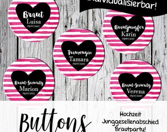 Buttons für den Junggesellenabschied, 6 cm, individualisiert mit Name der Braut, Brautcrew, Teambraut, Polterabend