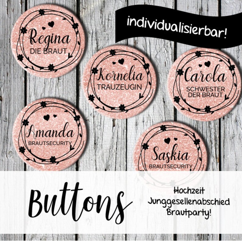 Buttons für den Junggesellenabschied, 6 cm, individualisiert mit Name der Braut, Brautcrew, Teambraut, Polterabend zdjęcie 1