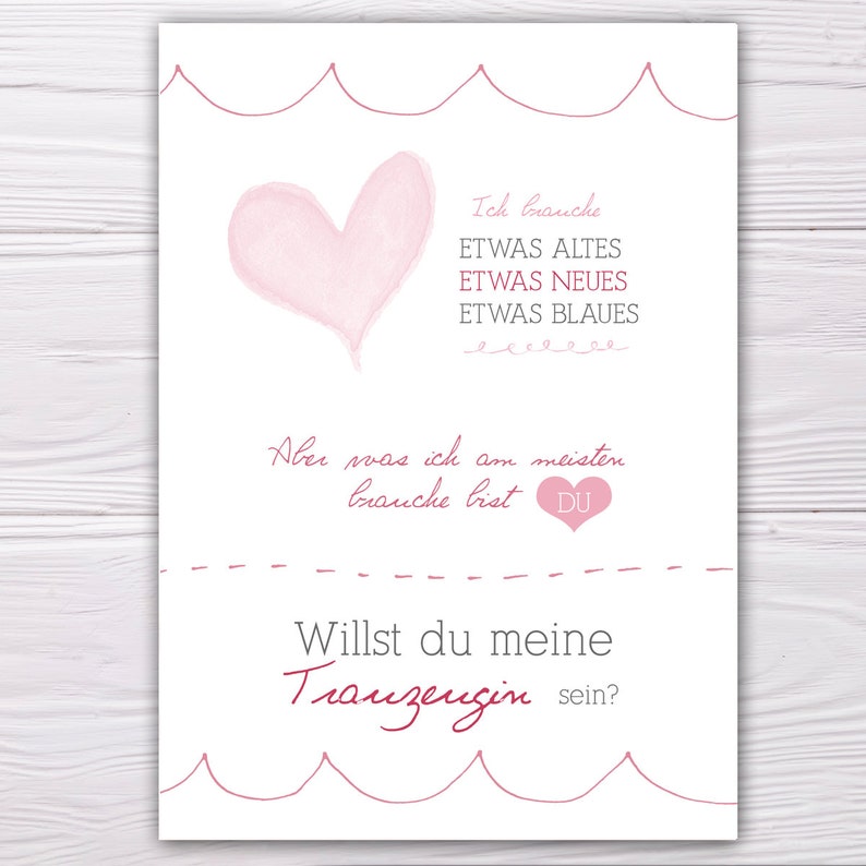 A6 Postkarte für Trauzeugin oder Brautjungfer in weiß/rosa Glanzoptik Papierstärke 235 g / m2 Geschenk für Brautjungfer oder Trauzeugin Bild 1