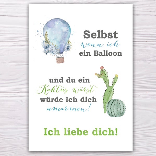 A6 Postkarte für den Valentinstag Kaktus grün Glanzoptik Papierstärke 235g/m2 Geschenk für die Allerliebste/den Allerliebsten