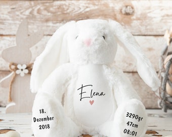 Kuscheltier personalisiert mit Name, Baby-Geschenk, Tauf-Geschenk, Plüschtier, Stofftier, Hase,  zur Geburt, Erinnerung, Kinder, Taufe