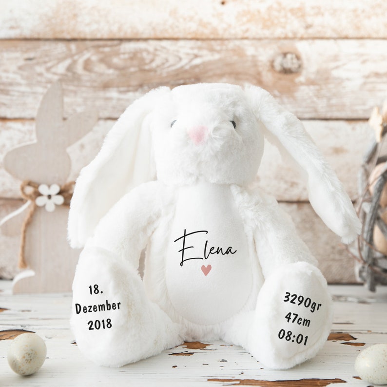 Kuscheltier personalisiert mit Name, Baby-Geschenk, Tauf-Geschenk, Plüschtier, Stofftier, Hase, zur Geburt, Erinnerung, Kinder, Taufe Bild 3