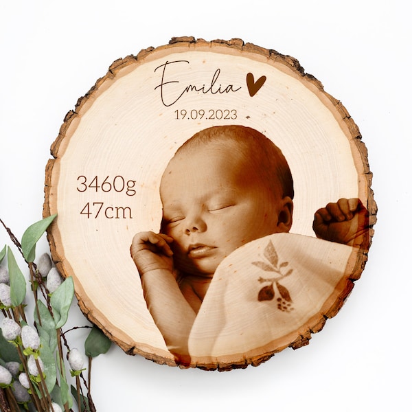 Photo engraving on wood disc, personalized with name, desired text, Christmas gift, mom, dad, birth, Mother's Day, Father's Day