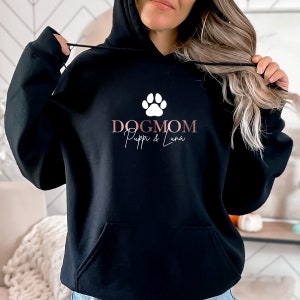 DOGMOM Hoodie personalisiert mit Name, für Hunde-Mama, Geschenk-Idee, Geburtstag, Weihnachten, Kapuzen-Pullover, Sweater, Haustiere