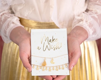 A6 Postcard Make a Wish with bracelet gold for best friend, work colleague, maid of trust, bridesmaid, great gift idea, gold-plated