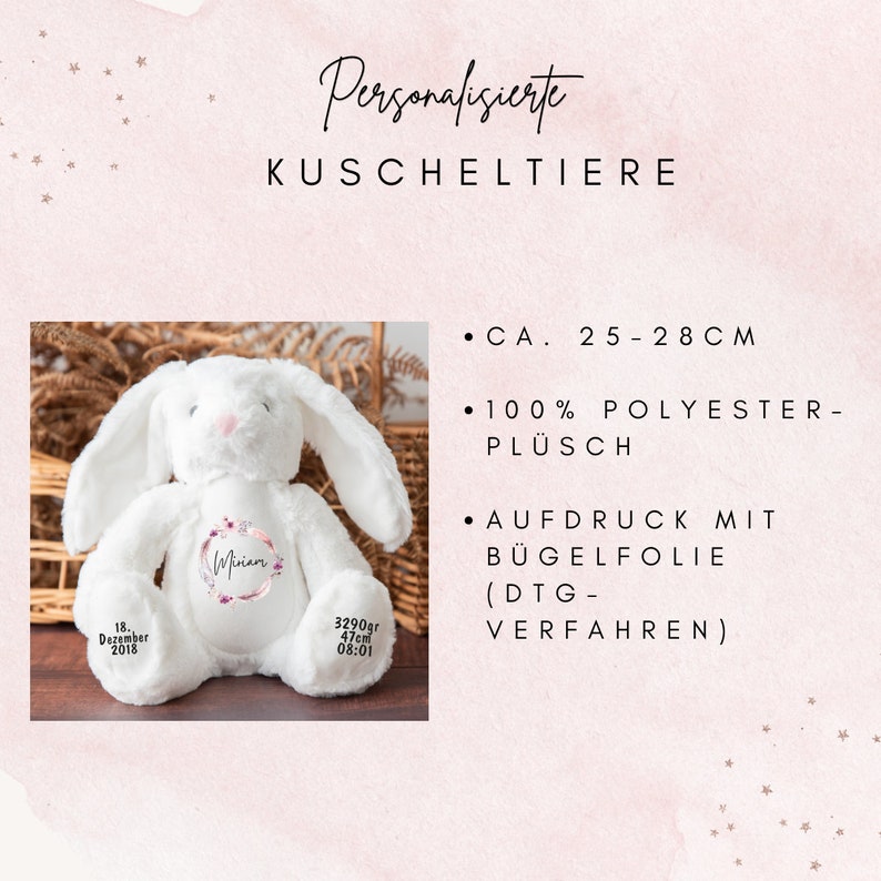 Kuscheltier personalisiert mit Name, Baby-Geschenk, Tauf-Geschenk, Plüschtier, Stofftier, Hase, zur Geburt, Erinnerung, Kinder, Taufe Bild 9