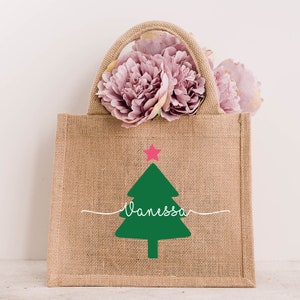 Jutetasche personalisiert mit Christbaum und Namen für beste Freundin, Mama, Familie, Weihnachten, Geschenksack, Geschenksidee, Muttertag