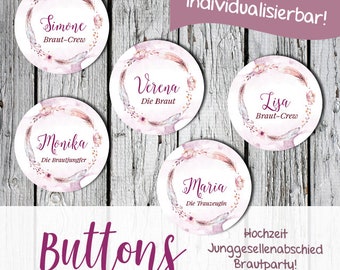 Buttons für den Junggesellenabschied, 6 cm, individualisiert mit Name der Braut, Brautcrew, Teambraut, Polterabend