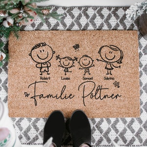 Fußmatte Familie Comic mit Namen personalisiert / Schmutzfangmatte /  Türmatte
