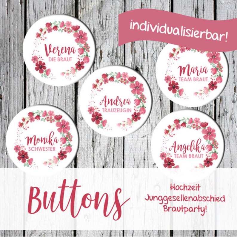 Buttons pour lenterrement de vie de garçon, 6 cm, individualisé avec le nom de la mariée, équipe de mariée, teambrat, Polterabend image 1