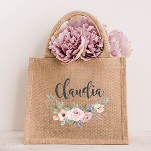 Jutetasche personalisiert mit rosa Blumen und Namen für beste Freundin, Mama, Familie, Weihnachten, Geschenksack, Geschenksidee