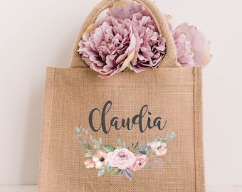 Jute tas gepersonaliseerd met roze bloemen en namen voor beste vriend, moeder, familie, Kerstmis, cadeautas, cadeau-idee