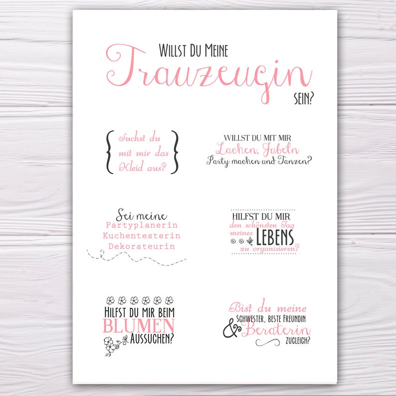 A6 Postkarte für Trauzeugin in rosa/grau/weiß Glanzoptik Papierstärke 235 g / m2 Geschenk für Trauzeugin Schwester Freundin Bild 3