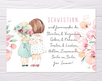 A6 Postkarte für Schwester in rosa Wasserfarbenopitk Glanzoptik Papierstärke 235g/m2