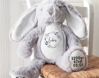 Kuscheltier personalisiert mit Name, Baby-Geschenk, Tauf-Geschenk, Plüschtier, Stofftier, Hase,  zur Geburt, Erinnerung, Kinder, Taufe