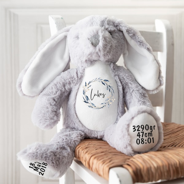 Kuscheltier personalisiert mit Name, Baby-Geschenk, Tauf-Geschenk, Plüschtier, Stofftier, Hase,  zur Geburt, Erinnerung, Kinder, Taufe