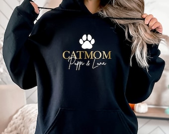 CATMOM Hoodie personalisiert mit Name, für Katzen-Mama, Geschenk-Idee, Geburtstag, Weihnachten, Kapuzen-Pullover, Sweater, Haustiere