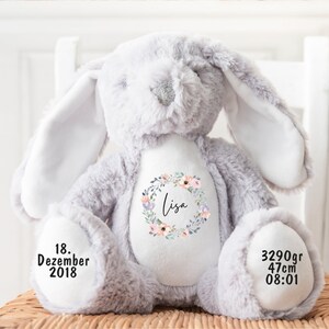 Kuscheltier personalisiert mit Name, Baby-Geschenk, Tauf-Geschenk, Plüschtier, Stofftier, Hase, zur Geburt, Erinnerung, Kinder, Taufe Bild 2