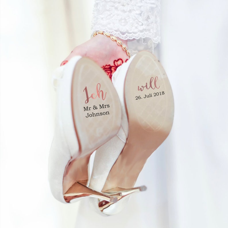 Individualisierbare Schuhaufkleber für deine Hochzeit auf Vinylfolie rosegold für Sie und Ihn, Brautschuh, Bräutigamschuh, Hochzeitsschuh Bild 2