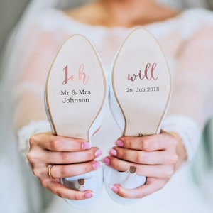 Individualisierbare Schuhaufkleber für deine Hochzeit auf Vinylfolie rosegold für Sie und Ihn, Brautschuh, Bräutigamschuh, Hochzeitsschuh Bild 1