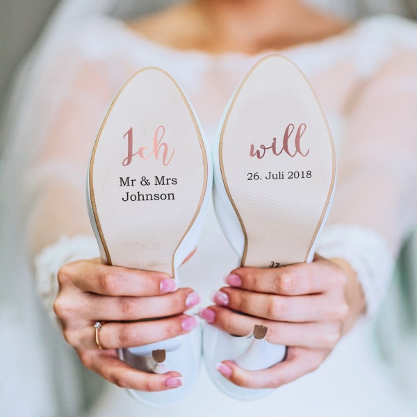 Individualisierbare Schuhaufkleber für deine Hochzeit auf Vinylfolie rosegold für Sie und Ihn, Brautschuh, Bräutigamschuh, Hochzeitsschuh