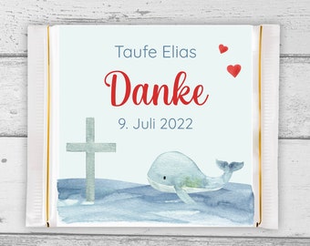 Chocolate banderole with name for baptism, children's birthday party, wedding, decoration, guest gift, with whale, place card, personalized