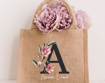 Jute tas gepersonaliseerd met naam en magnolia voor beste vriend, moeder, familie, Kerstmis, cadeautas, cadeau-idee, Moederdag