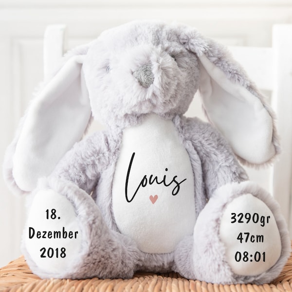 Kuscheltier personalisiert mit Name, Baby-Geschenk, Tauf-Geschenk, Plüschtier, Stofftier, Hase,  zur Geburt, Erinnerung, Kinder, Taufe