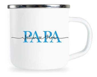 personalized enamel cup dad with children's name font in font with mouth edge in silver, enamel crockery for dad, Father's Day