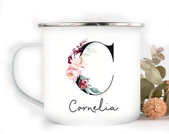 personalized enamel cup with initials black/red with mouth edge in silver, outdoor cup, gift groomswoman girlfriend mom colleague