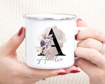 personalized enamel cup with letter and name violet, gift mom, colleague, best friend, enamel, gift idea, mother's day,