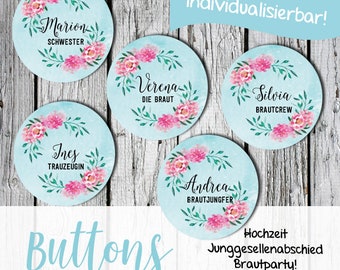 Buttons pour l’enterrement de vie de garçon, 6 cm, individualisé avec le nom de la mariée, équipe de mariée, teambrat, Polterabend