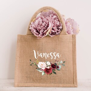 Jutetasche personalisiert mit rote Blumen und Namen für beste Freundin, Mama, Familie, Weihnachten, Geschenksack, Geschenksidee, Muttertag