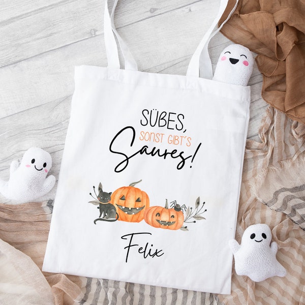 Halloween Tasche mit Name personalisiert, Süßes sonst gibts Saures, Trick or Treat, Sack, Säckchen, Süßigkeiten-Beutel, für Kinder, gruselig