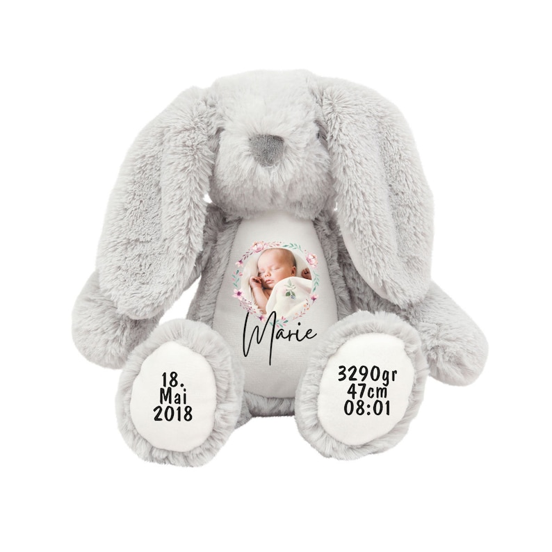 Kuscheltier personalisiert mit Name und Foto, Baby-Geschenk, Tauf-Geschenk, Plüschtier, Stofftier, Hase, Geburt, Erinnerung, Kinder, Taufe Bild 2