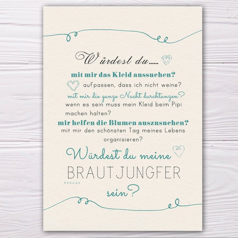 A6 Postcard for groomswoman or bridesmaid in sand/turquoise glossy look paper thickness 235 g / m2 gift for bridesmaid or groomswoman image 2