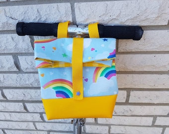 Lenkertasche, Regenbogen, mit Namen personalisiert, Lenkradtasche, Fahrradtasche, Laufrad, Roller, Utensilo, Wachstuch, Geschenk, neutral,