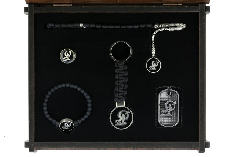 G\u00f6k-T\u00fcrk Handmade Gift Box-Men/'s /' Wolf /' Moon with Star: Set of necklace keychain prayer chain-Tesbih ring bracelet