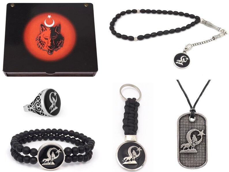 G\u00f6k-T\u00fcrk Handmade Gift Box-Men/'s /' Wolf /' Moon with Star: Set of necklace keychain prayer chain-Tesbih ring bracelet