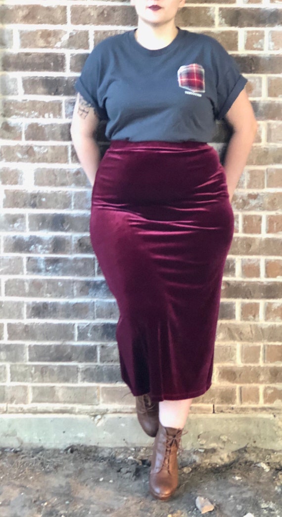 90's Burgundy Skirt / Grunge / Velvet / elastic /… - image 1