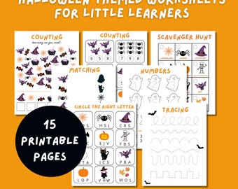May include: A collection of Halloween-themed worksheets for young learners. The image displays 15 printable pages with activities such as counting, matching, and tracing. The worksheets feature Halloween-themed illustrations, including bats, spiders, and witches' hats.