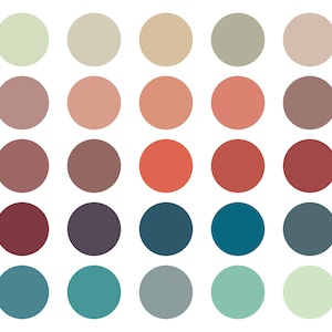 May include: A color palette with 20 different shades of color. The colors are arranged in rows of five, with each row representing a different color family. The colors range from light to dark, and from cool to warm.