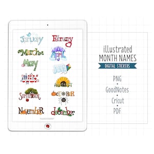 Illustrated Month Names Digital Planner Stickers - Seasonal Calendar Headers (GoodNotes, PNG, Cricut, Printable PDF)