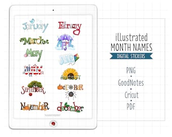 Illustrated Month Names Digital Planner Stickers, GoodNotes Stickers, Pre-Cropped PNG, Printable PDF, Monthly Calendar Journal Stickers