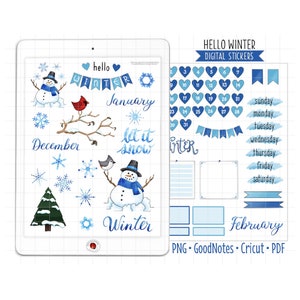 Digitale plannerstickers winter, maandpakket december, GoodNotes-stickers, voorgesneden png, afdrukbare pdf, sneeuwvlokken dagboekstickers