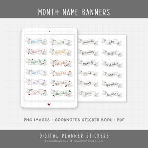 Month Name Banners Digital Planner Stickers - Monthly Calendar Headers (PNG, GoodNotes, PDF)
